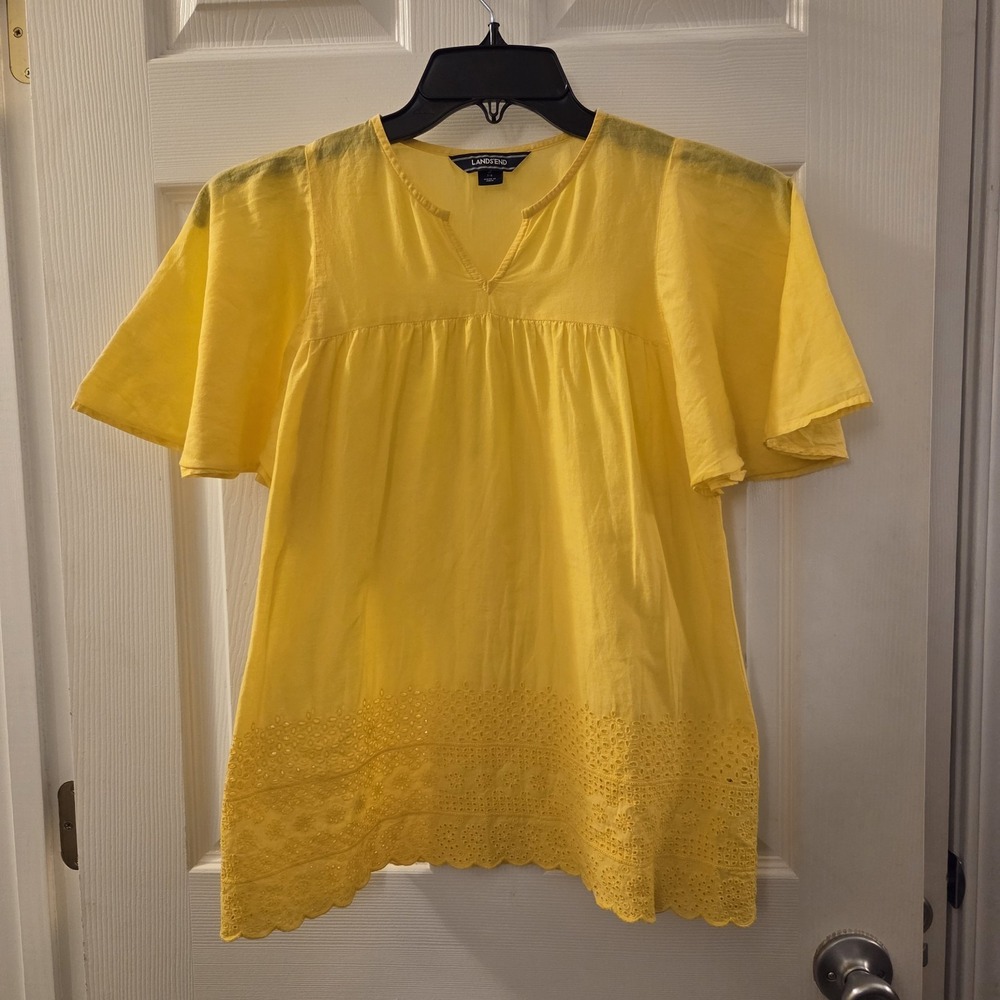 Land's End sz S yellow eyelet tunic top 100% cotton lightweight semi sheer